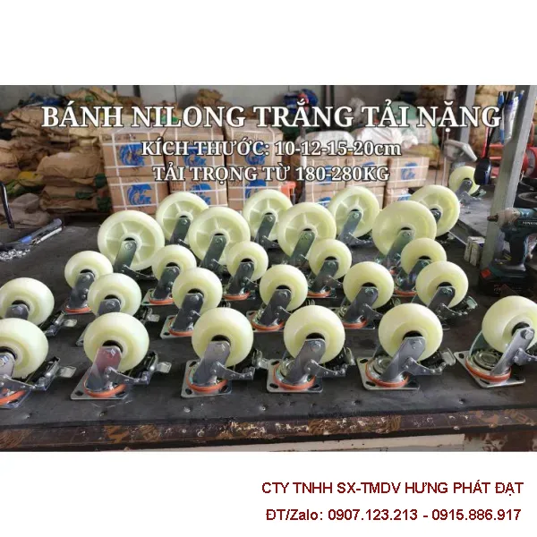 Bánh xe nylon trắng phi 200 tải nặng chịu tải 280kg