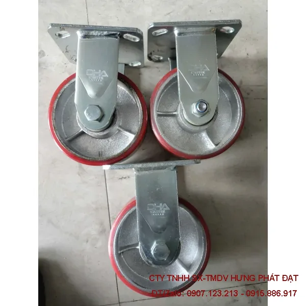 Bánh xe PU đỏ chịu tải 100 cố định xoay khóa