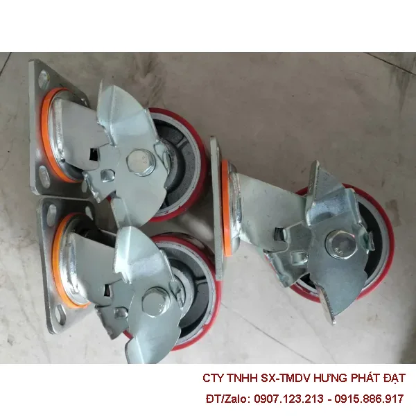 Bánh xe PU đỏ chịu tải 100 cố định xoay khóa