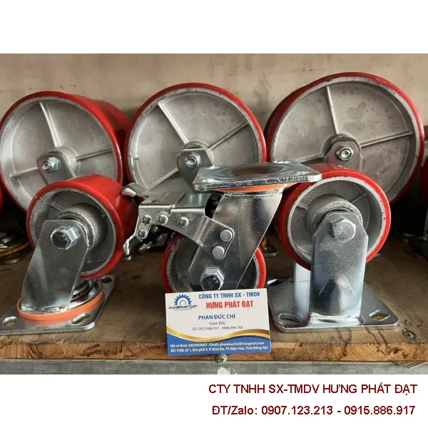 Bánh xe PU đỏ chịu tải 150 cố định xoay khóa