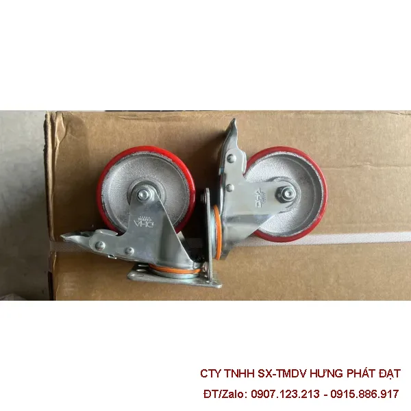 Bánh xe PU đỏ chịu tải 250 cố định xoay khóa