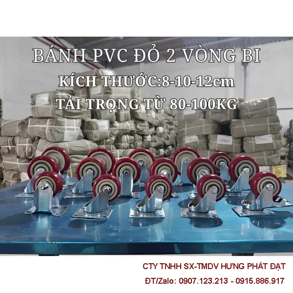 Bánh xe PVC đỏ phi 100 hai vòng bi chịu tải 100kg